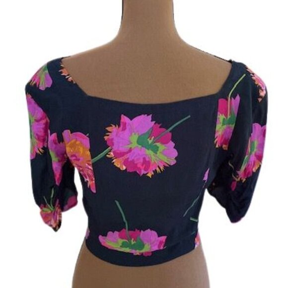 ZARA TRF Collection Button Front Cropped Blouse in Black with Pink Florals - Picture 4 of 6